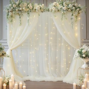 lot 67918 image: 10x10ft Ivory Tulle Backdrop Curtain with Lights String for Parites, Sheer Backdrop Curtains for Wedding Baby Shower Birthday Party Photo Shoot Decorations