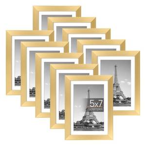 lot 67920 image: upsimples 5x7 Picture Frame Set of 10, Display Pictures 4x6 with Mat or 5x7 Without Mat, Multi Photo Frames Collage for Wall or Tabletop Display, Real Glass, Gold