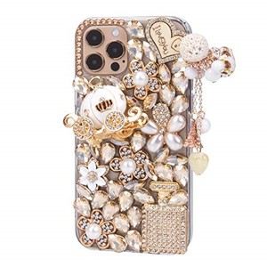 lot 67925 image: iFiLOVE iPhone 14 Pro Max Bling Case, Luxury 3D Sparkle Diamond Crystal Rhinestone, Pumpkin Car Charm, 6.7 Protective Cover (Champagne)