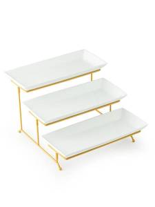lot 67930 image: Cormomu 3 Tier Serving Tray, Tiered Serving Stand Display Set for Entertraining Dessert Table Serving Tray with Stand, White Ceramic Banquet Serving Platters for Party, 12 Inches (Gold)