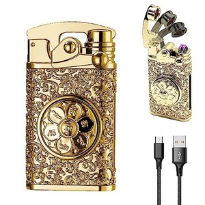 lot 67948 image: YOZWOO Rechargeable Lighter Dual Arc Plasma Lighter Windproof Candle Lighter Butane-Free Electric Lighter LED Cool Lighter with Creative Roulette for Boys and Girls Gift (Gold)