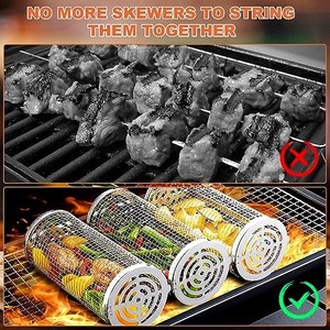 lot 67965 image: One Rolling Grilling Baskets Outdoor Accessories Stainless Steel Cylinder Tube Vegetable Cage Veggie Grill Bbq Basket Nets Veggies Barbecue Round Net Cylinders Barbeque Kabob Fish Meat Gear Gift