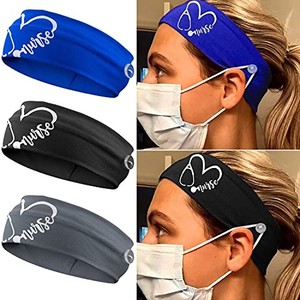 lot 67985 image: CODACE 3 Packs Nurse Headbands with Buttons, Face Cover Holder, Reduce Ear Pain, Elastic Hair Bands for Women Nursing Healthcare Worker(Blue, Black, Grey)