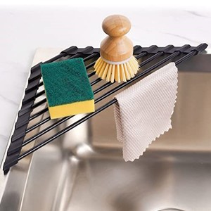 lot 68001 image: Tomorotec Small Triangle Roll-Up Dish Drying Rack with Silicone Coating Stainless Steel Frame for Sink Corners, Multipurpose Over-The-Sink Kitchen Drainer & Organizer for Space-Saving Storage (Black)