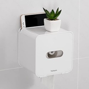 lot 68018 image: YOHOM Adhesive Toilet Paper Roll Holder Bathroom Wall Mounted White Pet Proof Toilet Paper Holder Plastic Waterproof Toilet Tissue Holder with Cover