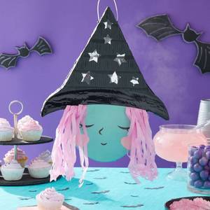 lot 68202 image: Cute Witch Pinata for Halloween Party Supplies Decorations, Silver Foil Stars Hat with Pink Hair, 16 x 13 x 3 in