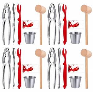 lot 68207 image: Crab Crackers and Tools - 4 Lobster Crackers, 4 Lobster Forks, 4 Seafood Forks, 4 Butter Cups, 4 Wooden Crab Mallets, 4 Lobster Bibs