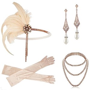 lot 68216 image: Cizoe 1920s Flapper Gatsby Costume Accessories Set 20s Flapper Headband Vintage Pearl Necklace Gloves(ph-champagne)