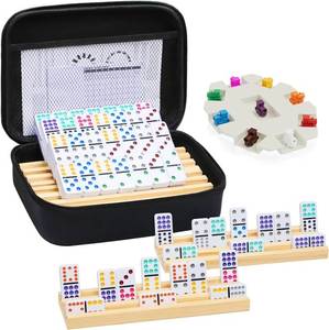 lot 66904 image: Mexican Train Dominoes Set with 4 Wooden TraysRacks, Double 12 Dominos Travel Set with 4 Domino Tiles Holders, 91 Tiles Double 12 Colored Dominoes Game Set with Portable Case for Families Kids