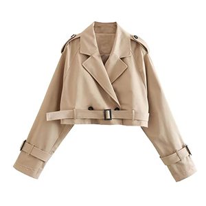 lot 66929 image: Size Small - Perbai Womens Cropped Trench Coat Lightweight Lapel Double Breasted Belted Office Work Peacoat (Beige)