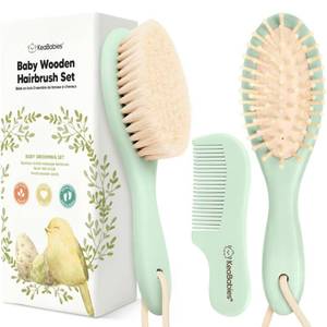 lot 67007 image: Baby Hair Brush and Comb Set for Newborn - Wooden Baby Hair Brush Set with Soft Goat Bristle, Baby Brush Set for Newborns, Baby Brush and Comb Set Girl, Boy, Toddler Cradle Cap Brush (Oval, Sage)