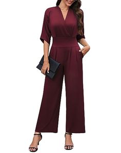 lot 67022 image: THANTH V Neck Jumpsuits for Women Dressy Casual Wide Leg Pants Jumpsuit Bell Sleeve One Piece Romper with Pockets Burgundy S