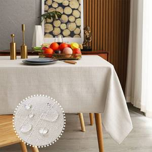 lot 67767 image: MikiUp Faux Linen Rectangle Tablecloth - Waterproof and Washable Slubby Textured Weaves Table Cloth, Indoor & Outdoor Table Cover for Kitchen Party and Banquets, Beige 58 x 120 Inch