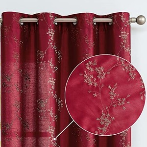 lot 68239 image: jinchan Floral Curtains Embroidered Curtains for Living Room 96 Inch Long Faux Silk Curtains Burgundy Red Flower Patterned Grommet Drapes Light Filtering Curtains Window Curtain Set 2 Panels