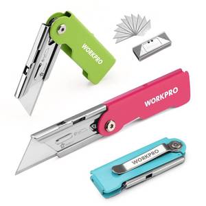 lot 68250 image: WORKPRO 3-Pack Folding Utility Knife Set, Quick Change Blade Box Cutter, Razor Knife with Belt Clip, 10 Extra SK5 Blades for Cartons, Cardboard and Boxes