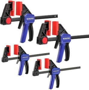 lot 68261 image: WORKPRO Mini Bar Clamps for Woodworking, 6(2) and 4-12(2), 4-Piece One-Handed ClampSpreader, Light-Duty Quick-Change F Clamp with 150lbs Load Limit Blue