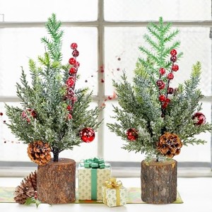 lot 68262 image: Blissun Christmas Tree Tabletop Decorations, 2 Pcs Artificial Mini Christmas Tree with Ornaments for Home Table Xmas Decoration