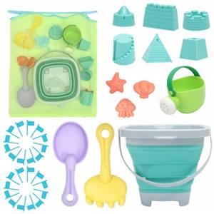 lot 68273 image: RACPNEL Beach Toys Sand Set for Kids, Collapsible Bucket and Shovels with Mesh Bag, Molds, Flags, Sandbox Kids Toddlers, Travel (Tavel Size)