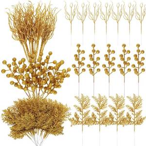 lot 68274 image: Craftsatin 75 Pcs Christmas Glitter Branches 3 Styles Artificial Christmas Picks Berries Stems Pine Needles Floral Twig Spray for Christmas Tree Ornaments DIY Xmas Wreath Garland (Gold)