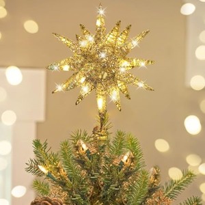 lot 68286 image: Luxspire Christmas Tree Topper, 3D Star Lighted Tree Topper, Christmas Decorations, Plug in Tree Topper with Timer, Light Up Xmas Vintage Modern Ornaments Decor Lights for Home Party, Champagne Gold