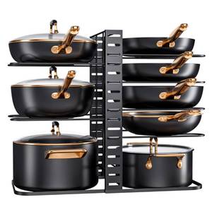 lot 68709 image: MUDEELA Pots and Pans Organizer  Rack under Cabinet, 8-Tier Kitchen Cabinet Organizers and Storage, Light-Duty Adjustable Pot Racks, Pot Organizers inside Cabinet with 3 DIY Methods