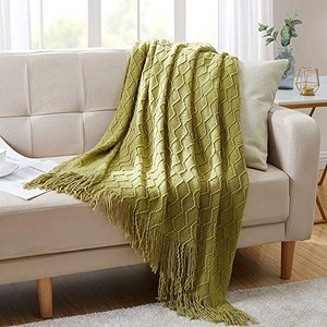 lot 68726 image: BOURINA Throw Blanket Textured Solid Soft Sofa Throw Couch Cover Knitted Decorative Blanket, 50 x 60 Olive Green