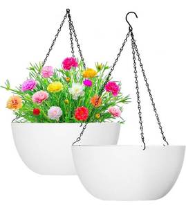 lot 68728 image: WOUSIWER 13 inch 2Pack Large Hanging Planters for Outdoor Indoor Plants with Drainage Holes and Chain, Round Hanging Flower Pots for Garden Home Porch Decor, White