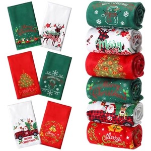 lot 68729 image: Macarrie 12 Pcs Christmas Hand Towels Christmas Santa Reindeer Snowman Tree Plaid Embroidered Bathroom Kitchen Cotton Towels Absorbent Christmas Towels, 13 x 18 Inch (Stylish Color,Classic Style)