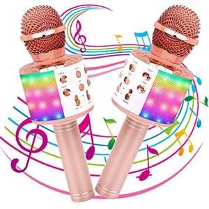 lot 68747 image: Icnice Wireless Bluetooth Karaoke Microphone 2 Pack, 5-in-1 Portable Handheld Karaoke Mic Speaker with Flashing Light for Singing Compatible with TVPhonePC Karaoke Machine (Rose Gold)