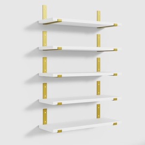 lot 68761 image: Fixwal Floating Shelves Set of 5, Width 4.7 Inches Wall Shelves, Rustic Wood Wall Storage Shelves for Bedroom, Living Room, Kitchen, Bathroom, Home Decor, Laundry Room, Office and Plants (White Gold)