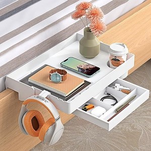 lot 69707 image: SPACELEAD Bedside Shelf for Bed �� College Dorm Room Clip On Nightstand with Cup Holder & Cord Holder&Drawer �� Bunk Bed Shelf for Organizer Top for Bedroom (White��Plastic)