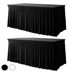 lot 69710 image: Black Table Skirts Set 2 PC for Rectangle Tables 6ft Elastic Fitted Tablecloth Cloth with Table Skirt, Spandex Table Cover for Baby Shower Birthday Party Wedding Banquet Tradeshow Display