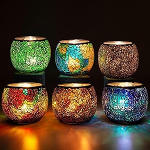 lot 69712 image: Rancco Glass Votive Candle Holder for Tealight, 6 Set Romantic Stained Mosaic Tealight Candle Holders, Handmade Cracked Aromatherapy Candle Lamp for Valentine, Party, Christmas Table Centerpiece Decor