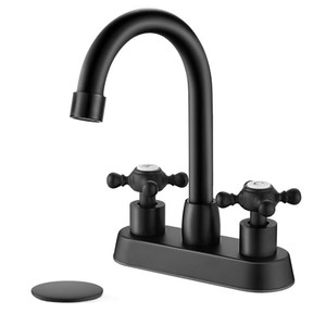 lot 69714 image: Cinwiny 4 Inch Centerset Bathroom Faucet Double Cross Handle Vanity Faucet 360° Swivel Spout Deck Mounted Mixer Tap with Pop up Drain Water Supply Hoses,Matte Black,H and C Label