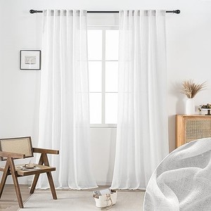 lot 69718 image: DUALIFE White Linen Sheer Curtains 108 Inches Long for Living Room Back Tab Drapes Textured High Ceiling to Floor Curtains 2 Panels for Patio Stunning Bohemian Urban Industrial Farmhouse 9 FT, 52x108