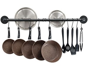 lot 69740 image: OROPY 39 inch Pot Bar Rack Wall Mounted Detachable Pans Hanging Rail Kitchen Lids Utensils Hanger with 14 S Hooks Black