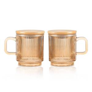 lot 69758 image: Joeyan Amber Glass Coffee Mugs Set of 2-11.5 oz Striped Coffee Cups with Lid - Large Drinking Glasses with Handle for Latte, Coffee, Tea, Milk, Juice
