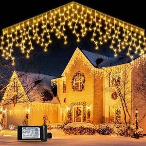 lot 69775 image: orahon Icicle Christmas Lights Outdoor, 65.6FT 800LED Christmas Curtain String Lights with 8 Modes & Memory Timer Waterproof for Christmas Decorations Wedding Party Holiday (Warm White)