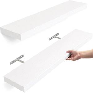 lot 60266 image: BAYKA Floating Shelves, Wall Mounted Rustic Wood Shelves for Bathroom, Bedroom, Living Room, Kitchen, Office, 23 Hanging Shelf for BooksStorageRoom Decor with 22lbs Capacity (White, Set of 2)