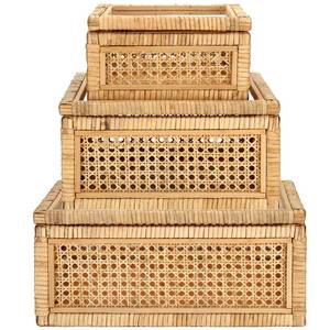 lot 60278 image: Set of 3 Boho Woven Cane and Rattan Display Boxes with Glass Lids, Large Rectangular Rattan Decorative Boxes with Glass Lids, Wicker Storage Decoration Storage Basket Bins for Home Decor