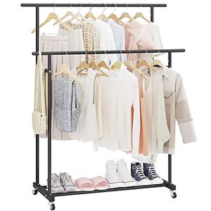 lot 60300 image: Calmootey Double Rod Clothing Garment Rack,Rolling Hanging Clothes Rack,Portable Clothes Organizer for Bedroom,Living Room,Clothing Store,Black