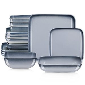 lot 60302 image: LOVECASA Square Dinnerware Sets for 4, 16-Piece Plates and Bowls Sets, Stoneware Dish Set Including Dinner PlatesDessert PlatesSoup PlatesCereal Bowls, Gradient Gray