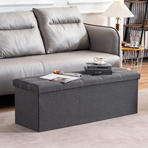 lot 60309 image: YOUDENOVA 43 Inches Folding Storage Ottoman Bench, Storage Chest Foot Rest Stool with Wooden Divider, Bed End Bench with 120L Large Storage Space, Linen Fabric Grey
