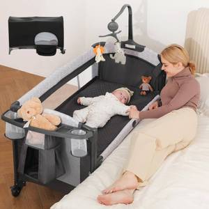 lot 60317 image: ELEMARA 4 in 1 Wide Baby Bassinet Bedside with Diaper Changer,Long Next to Bed Crib with Mattress,Sheet,Music and Blackout Cover,Playpen Travel Bed with Storage,XL Co Sleeper with 3 Adjustable Height