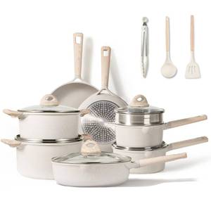 lot 60371 image: CAROTE 16pcs Pots and Pans Set Non Stick, Kitchen Cookware Sets, Large Capacity Granite Pots Set, Kitchen Induction Pots and Pans Cooking Sets, Beige