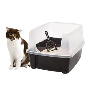 lot 60374 image: IRIS USA Open Top Cat Litter Tray with Scoop and Scatter Shield, Sturdy Easy to Clean Open Air Kitty Litter Pan with Tall Spray and Scatter Shield, BlackClear