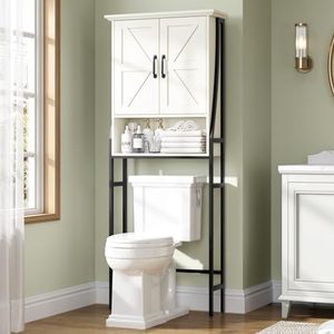 lot 60272 image: MXARLTR Over The Toilet Storage Cabinet, Over Toilet Bathroom Organizer, Above Toilet Storage Cabinet with Barn Doors Behind Toilet Bathroom Organizer Over-The-Toilet Cabinet (Cream White)