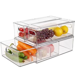 lot 60528 image: Taiuloo 3 Pack Refrigerator Organizer Bins with Pull-out Drawer, Large Stackable Fridge Drawer Organizer Set with Handle, BPA-free Clear Storage Container for Freezer, Cabinet, Pantry Organization