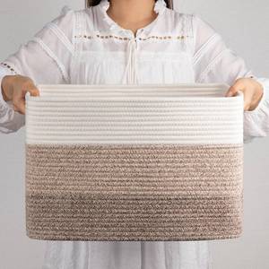 lot 60550 image: OIAHOMY Rectangle Woven Storage Basket - Nursery Cotton Rope Basket for Living Room, Toy and Blanket Organizing - Gradient Yellow, 18x14x12