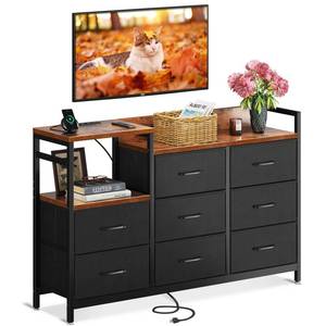 lot 60602 image: ODK TV Stand with Charging Station, 52 Long TV Stand for Living Room TV Stand with 8 Drawers, Vintage and Black